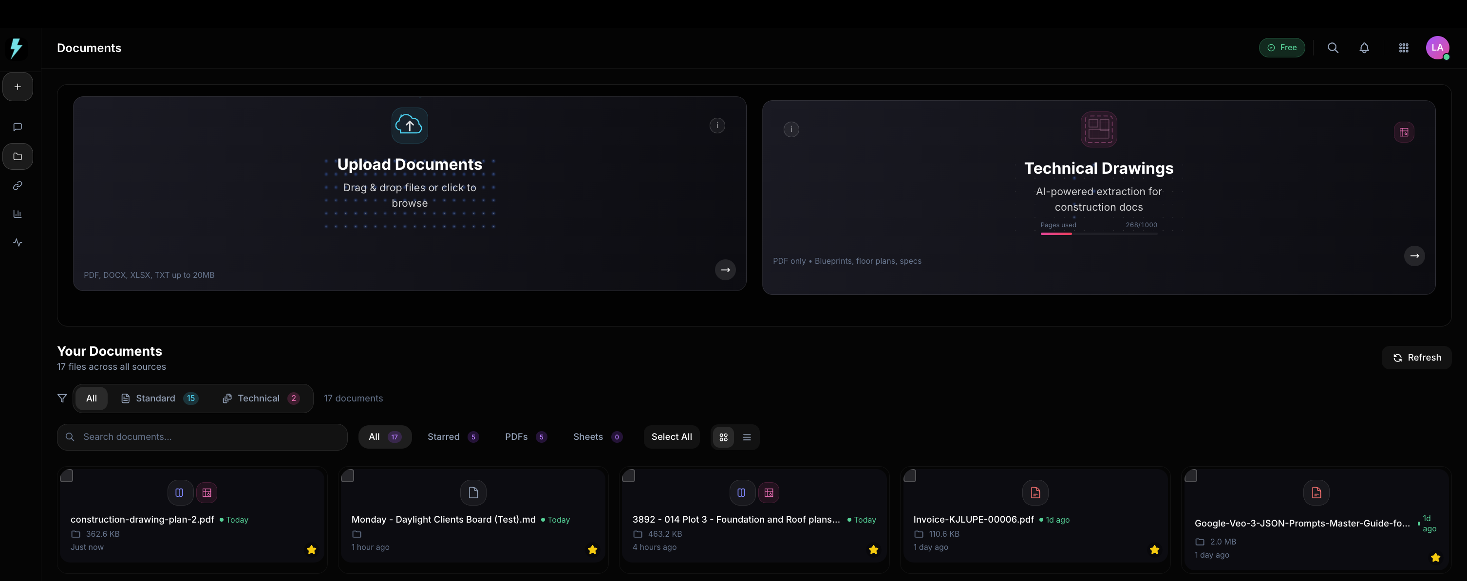 Athena document management dashboard with upload, technical drawings, and document library